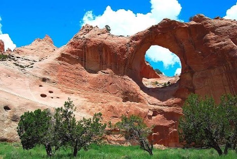 Red sandstone rock formation with a large natural arch, surrounded by green shrubs and trees beneath a bright blue sky with white clouds.