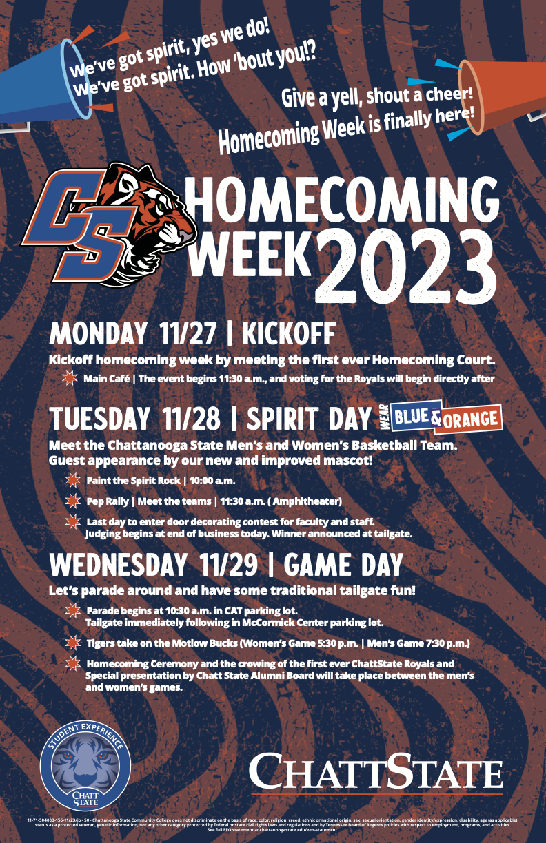 Poster describes 2023 Chattanooga State Community College homecoming events.