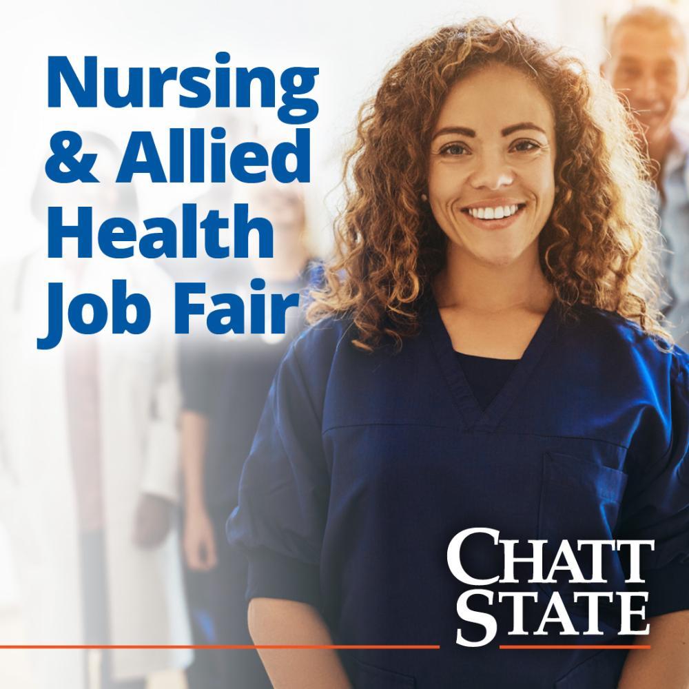 a smiling woman next to the words Nursing & Allied Health Job Fair
