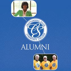 alumni lady and three men and chattstate logo