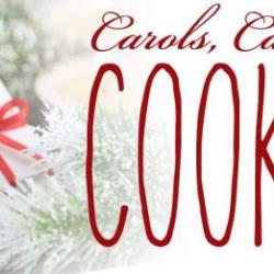 background has hot cocoa with candy cane, Image reads: Carols cookie and hot cocoa, Dec. 2, 6:30 pm