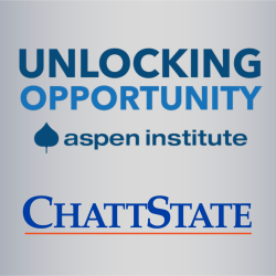 ChattState and Unlocking Opportunity Aspen Institute logos on a gray and blue background.