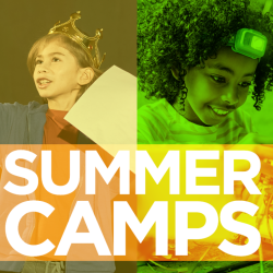 Children are seen playing with a robot and acting in costume. Text on the image reads, "Summer Camps." Children are seen playing with a robot and acting in costume. Text on the image reads, "Summer Camps."