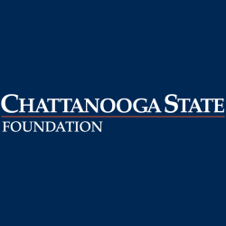 Chattanooga State Foundation Logo. White text stacked over an orange line on a blue background