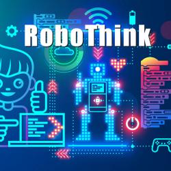 word RoboThink over a robotics illustration