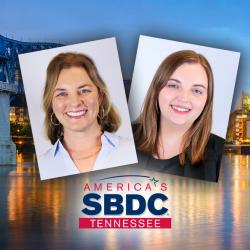 headshots of 2 women with a logo and chattanooga skyline behind them