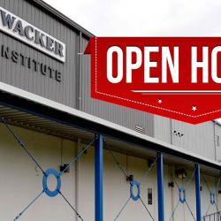 wacker institute building shown with open house banner