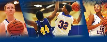 Image of two female basketball players shooting the ball and two male basketball players jostling over the ball