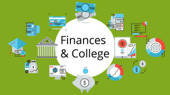 Finances & College on a white circle on a green background surrounded by financial icons