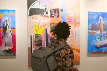 A student looks at a piece of art in the Denise Heinly art center on Chattanooga State's campus. A student looks at a piece of art in the Denise Heinly art center on Chattanooga State's campus.