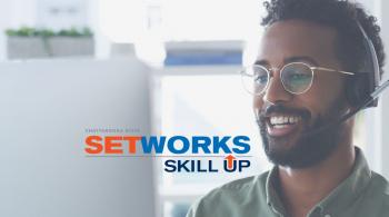 man at computer, setworks logo