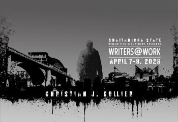 Poster with a silhouette figure, Chattanooga bridge, city skyline, and text for Writers@Work April 7–9, 2026 featuring Christian J. Collier