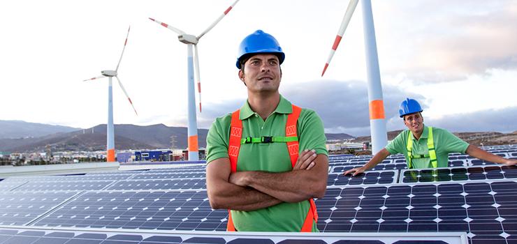 two men stand amongst solar panels